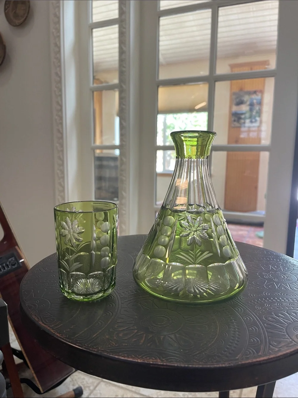Antique Green Tumble Up Uranium Glass Decanter